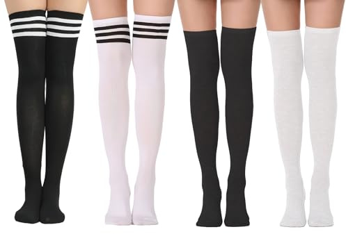 FunnAura 4 Pairs over Knee High Socks for Women, Striped over the Knee Socks Womens for Daily Wear Cosplay