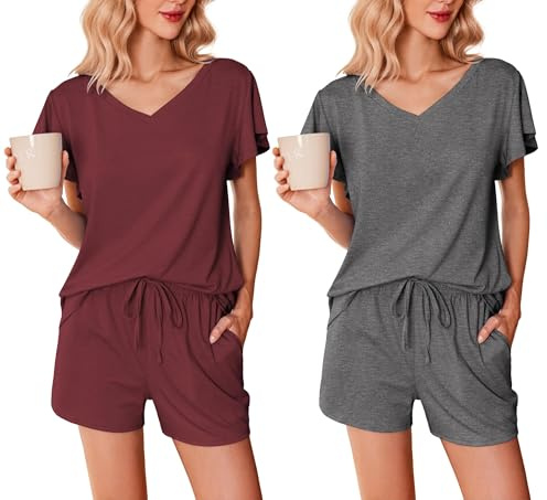 Ekouaer Pigiama Donna Estivo Corto Leggero Confezione da 2 Maniche Arricciate Scollo a V, Bordeaux + Grigio, L