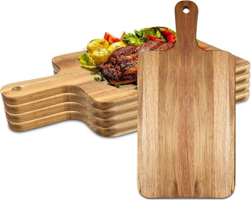 5er Schneidebretter aus Akazienholz mit Griff, Küchenschneidebrett Holz Paddel für Fleisch Brot Obst Käse Servierbrett Wurstbretter (40x20cm)