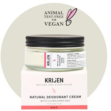 Krijen Deodorante crema giglio bianco e semi d'uva, 50 ml, privo di alluminio e vegano, contro odori di sudore e scolorimento, delicato sulla pelle, senza residui, per donne e uomini