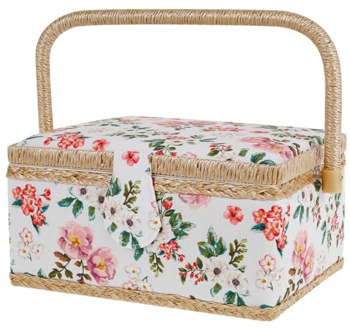 Sewing Basket with Removable Tray, Interior Pocket and Adjustable Handle, 24×17.5×13 cm Large Sewing Box Stylish Portable Sewing Kit Storage and Organizer Case for Needles Thread Tape Measure(flower)