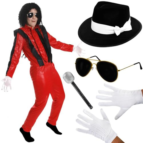 Costume da re del pop per bambini, taglia L, giacca e pantaloni, cappello Fedora nero, occhiali da sole, guanti, microfono, icona della musica anni '80, costume per Halloween