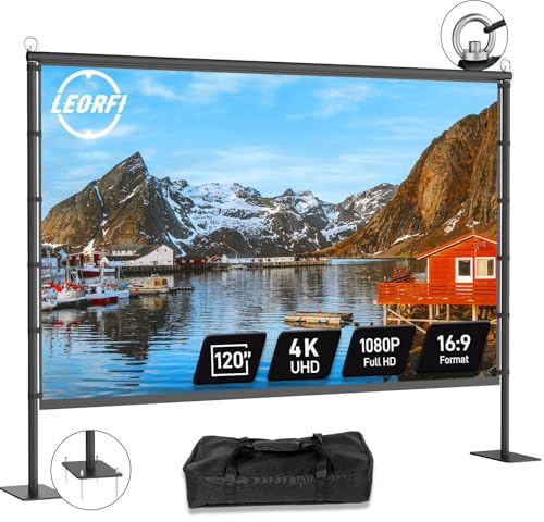 Écran de Projection Extérieur sur Pied LEORFI 120 Pouces Portable - Support Renforcé, Toile HD 4K 16:9 sans Plis - Projection Avant/Arrière - Sac de Transport Inclus pour Cinéma Maison Jardin