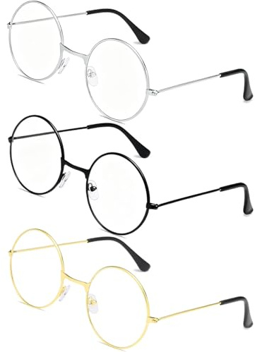 HUVZOR 3 Pares Gafas Redondas Retro, Gafas Unisex, Gafas con Lentes Transparentes Ultra Ligeras, Montura de Metal-acero, Fino Vintage, Visión Clara, para Cosplay