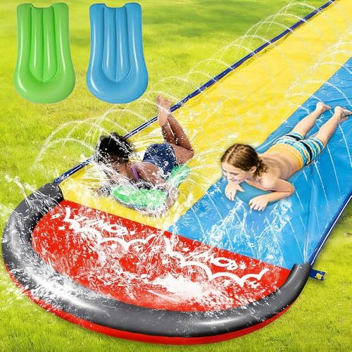 SKIKHN Tobogán acuático, tobogán de 15 pies con 2 parches de reparación de tabla de surf, toboganes de agua inflables de doble carril para niños con aspersor, toboganes acuáticos para césped, juguetes