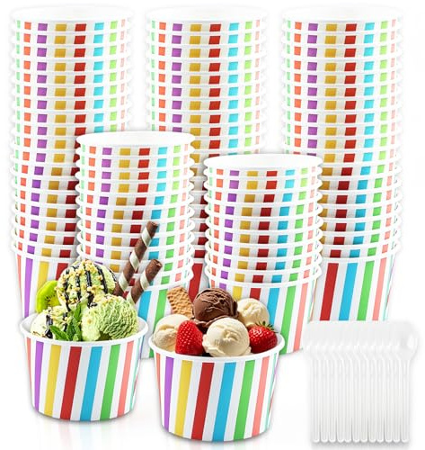 RosyFate Coppette Gelato, 50 Pezzi Coppe Gelato Carta con 50 Cucchiaio Gelato, Bicchieri Gelato Carta, per Torte, Dessert, Frutta, Zuppa, Snack (Strisce)