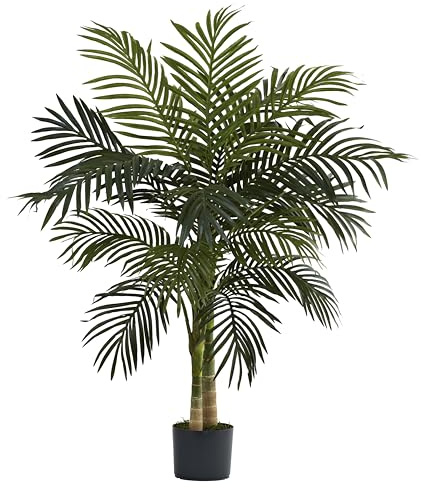 Nearly Natural 4ft Golden Cane Palm, Double Stalk Artificial Tree With Lush Realistic Foliage Maintenance Free Indoor Faux Palm Plant For Living Room, Easy Setup, Perfect Tropical Decoration