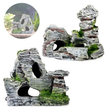 2pcs Aquarium Rock Cave Dekoration mit Grün Gras für Fische Garnelen Verstecken Aquarium Dekoration Harz Aquarium Zubehör,Aquarium Harz Höhle Mountain View Moos Baum Haus