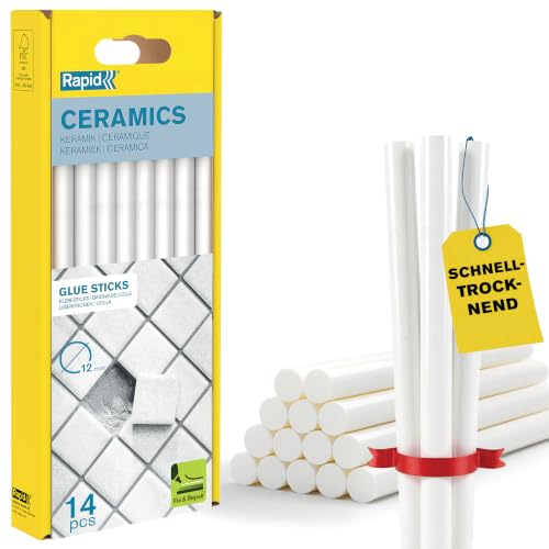 Rapid Confezione da 14 Stick di Colla per Ceramica e Piastrelle, Diametro 12 mm x 190 mm, Colore Bianco, Adatti per Porcellana, Materiali Porosi, Sigillature, Senza Solventi, Incollaggio Rapido