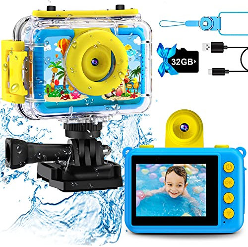 GKTZ Kinderkamera wasserdichte,Unterwasserkamera-1080P Selfie Digitalkamera Fotoapparat für Kinder mit 32GB SD-Karte Spielzeug für 3-12 Jahre Jungen und Mädchen(Blau)