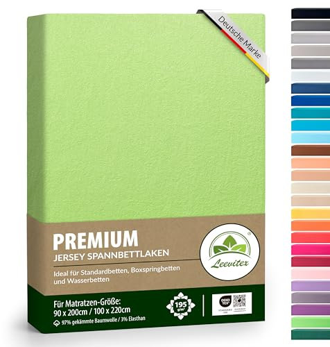 Premium Spannbettlaken, extra schwer und dick, 97% Mako-Jersey-Baumwolle und 3% Elasthan, auch Boxspringbett geeignet, 90 x 200-100 x 220 cm, Apfelgrün/Hellgrün