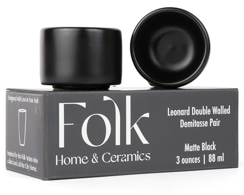 Folk Ceramics Leonard Ceramic Espresso Cups | Modern Stackable Demitasse Mugs for Espresso | Thick Walled, Handleless, Durable, Dishwasher & Microwave Safe | Set of 2, 3oz | Matte Black