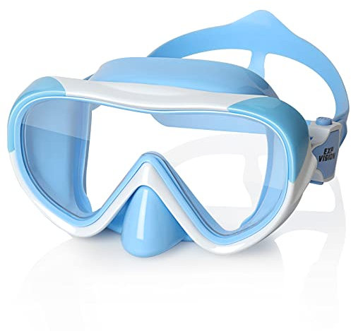 EXP VISION Kinder Taucherbrille, Kinder-Schwimmmaske 180° Anti-Fog-Tauchmaske, Kinder-Schwimmbrille mit Nasenabdeckung Auslaufsichere Schwimmbrille Anti-Shattered Lens 4-15 (Blau), (EX1700K-PC)