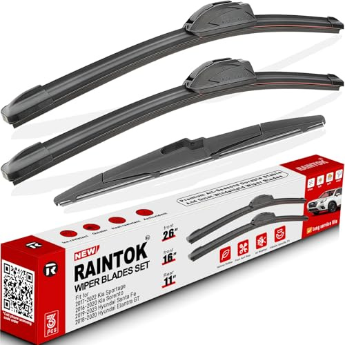 RAINTOK Windshield Wiper Blades Replacement for 2017-2022 Kia Sportage / 2019-2021 Hyundai Santa Fe / 2016-2020 Kia Sorento Original Factory Quality Front Rear Wipers Blade Set - 26 16 11