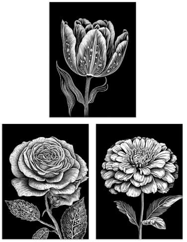 Artery8 Set of 3 Elegant Single Tulip Rose Zinnia Spring Flowers Black and White Floral Impact Artworks Unframed Wall Art Living Room Poster Prints Pack