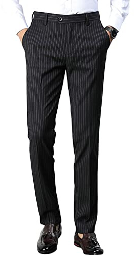 Tiwate Pantalon Slim Rayé Décontracté Fuselé pour Homme à Rayures Fines Résistant aux Plis Pantalon de Costume Léger Pantalon d'Affaires Habillé, Noir , M