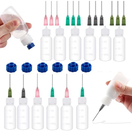 12 botellas aplicadoras de pegamento, botellas cuentagotas de plástico de 30 ml con punta de aguja roma 14ga 16ga 18ga 20ga para aplicaciones de pegamento, pintura Quilling Craft y botellas