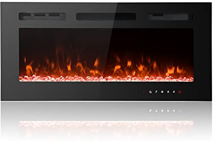 M.C.Haus Camino Elettrico Ultra sottile, Silenzioso, 12 Diverse Fiamme, Montaggio a Parete a Incasso, Touchscreen in Vetro e Telecomando, con Cristallo e Tronco di Legno(102cm/30inch, Nero)