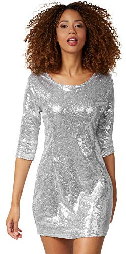 dressforfun Kostüm Damen, kurzes Paillettenkleid, Glitzer Kleid, Langarm Glitzer Oberteile Damen mit Glitzer Rock, Faschingskostüm, Karneval, sexy Disco Kostüm Damen, Rave Outfit Damen, Silber, S
