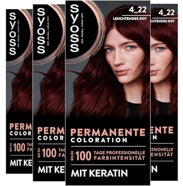 SYOSS Coloration 4_22 Leuchtendes Rot (4x 115 ml), permanente Coloration mit Keratin verleiht bis zu 100 Tage professionelle Farbintensität, 100% Grauabdeckung