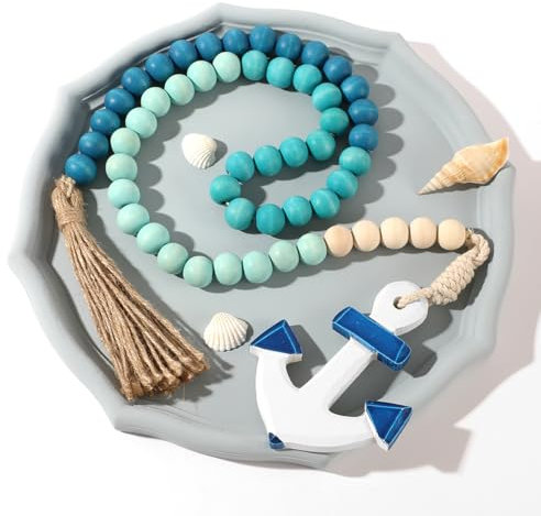 Blue Octagon Tray with Ship Anchor Wood Bead Garland for Coffee Table, Kitchen, Living Room and Home Centerpiece Decor, Farmhouse Coastal Tray Fall & Christmas Decor Nautical Gift for Enthusiasts