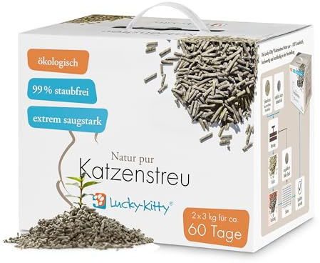 Lucky-Kitty Lettiera per gatti, ecologica, priva di polvere e grumosa, altamente assorbente e neutralizzante gli odori, con profumo, utilizzabile in WC (4 X 6 kg per 240 giorni)