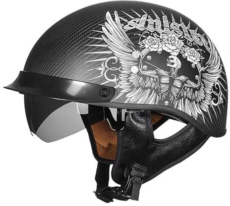 Half Hjälmar Hjälmar Som Visar Ansiktet Open Face Motorcykelhjälm Vintage Jet-hjälm Kolfiberkrockhjälm Inbyggt Visir ECE-godkänd Cruiser Chopper Scooterhjälm(E,L=(59~60cm))