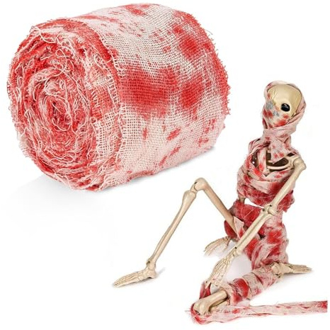 CARGEN Decoration Halloween Tissu Ensanglanté Effrayant 50 m x 8 cm, Bandage Sanglant Décorations d'halloween Exterieur Interieur Rideau de Gaze Tissu pour Accessoires de Scène