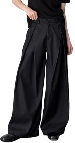 THWEI Men's Baggy Wide Leg Pants Zipper Fly Pleated Trousers Casual Dress Pants with Pocket Black L
