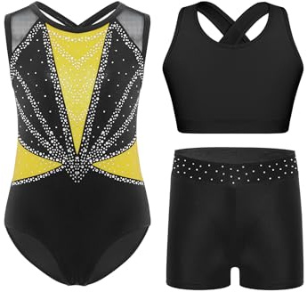RUNQHUI Ensemble de Gymnastique 3 Pièces pour Fille Justaucorps sans Manches Strass avec Short et Haut Tenue Ballet Danse Patinage