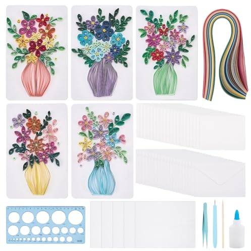 WEBEEDY Juego de 20 juegos de quilling de papel, jarrón de flores, kit de tarjetas de felicitación para adultos, hecho a mano, jarrón 3D, tarjetas de felicitación, juego de manualidades con