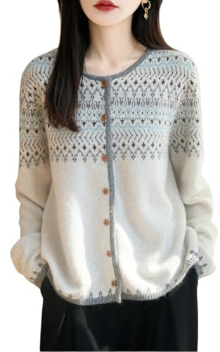 LIUYUYOUGO Chaqueta Punto Mujer Cárdigan 100% Lana Merino para Mujer Suéteres Vintage Fairisle con Cuello Redondo Suaves Y Cálidos con Bloques De Color Tops Holgados Estilo Nórdico Fair Isle EST