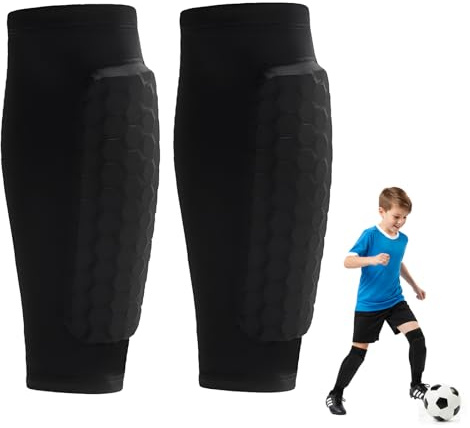 1 Pair Football Shin Pads Boys, Soccer Shin Guards Shindefender Guard Sleeves Honeycomb Compression Defender Leg Protector for Kids Children Boys Girls Football Rugby Basketball Sports (Black, XS)