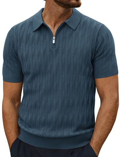 PJ PAUL JONES Mens Polo Shirts Stretch 1/4 Zip Knitted Tshirt Golf Tops | Breathable Knitted Polos for Summer,Retro Ribbed Textured