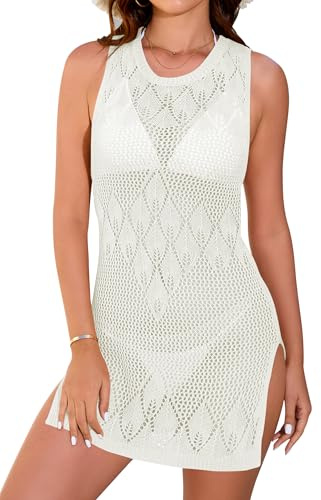 Cakulo Womens Swimsuit Cover Up Crochet Sleeveless Beach Cover Ups Dress Swimwear 2026 Summer Vacation Clothes White M