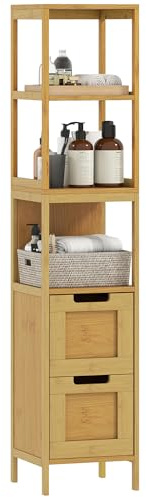 kleankin Armario de Baño Alto, Columna de Baño Estrecha con 3 Estantes y 2 Cajones de Bambú, Estilo Moderno, 30x30x144,3 cm, Natural