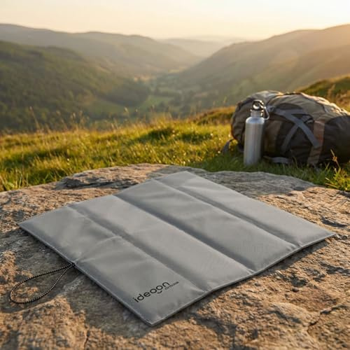ideoon Faltbares Sitzkissen für Unterwegs - Outdoor Thermokissen Grau aus robustem Oxford-Stoff - Wasserdicht & Isolierend für Wandern, Camping, Stadion & Kita