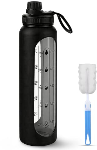 Dryckesflaska i glas 1L – Lämplig för kolsyrade drycker – med rengöringsborste & silikonhylsa – Glasflaska 1 liter för vatten, juice & sport – BPA-fri – Glasdryckesflaska för dagligt bruk (Svart)