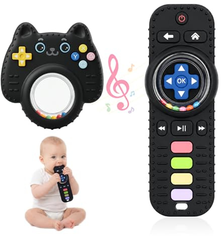 2 Pack Teething Toys for Baby, Silicone Baby Remote Control Toy, Baby Teething Toy with Baby Rattle Ring, Soothing Teethers for Babies 3-6 Months, Sensory Toys, Newborn Gifts, Black