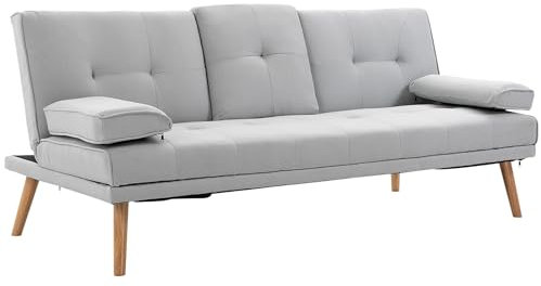 HOMCOM Canapé Convertible 3 Places, canapé-lit rembourré avec Dossier réglable 3 Niveaux, 2 Coussins et 2 Porte-gobelets intégrés, Tissu de Lin, pour Salon, Chambre d'amis, Petit Espace, Gris Clair