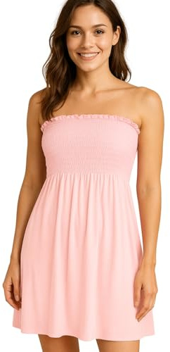STAR FASHION Women’s Strapless Sheering Ruched Bandeau Dress Plain Boob Tube Sleeveless Midi Dress Summer Holiday Beach Flared Dress Soft Stretch Baby Pink 20-22