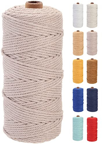 GOHOF Macrame Cord 3mm x 100m Premium Cotton Macrame Rope, 4 Strand Twisted Soft Cotton Cord, One of The Most Perfect Materials for Macrame Art, Cotton String Without Chemicals (Warm Gray)