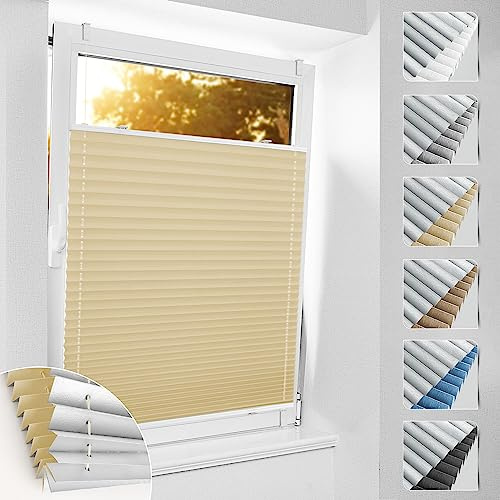 bobodeco Plissee ohne Bohren Verdunkelung Klemmfix, Hellbeige 80x130 cm(BxH) Verdunklungsplissee Thermo Plissees 100% Verdunkelnd & lichtundurchlässig Plisseerollo für Fenster & Tür