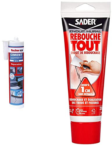 fischer - Ciment Express gris prêt à l'emploi - 1 cartouche de 310ml & Sader Rebouche Tout – Enduit de Rebouchage Intérieur Prêt à l’Emploi – Tous Supports – Rebouchage et Égalisation