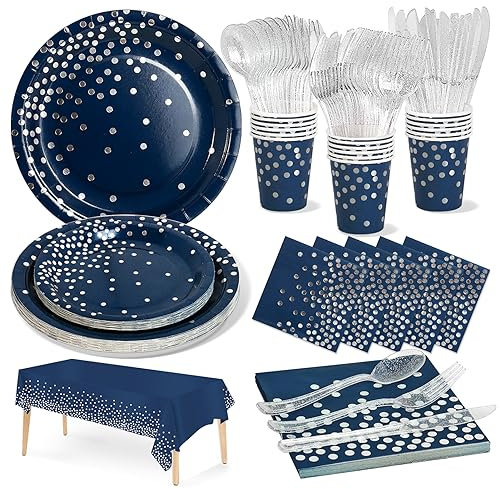 Nkaiso Anniversaire Vaisselle de fete 141 Pièces Bleumarine et argent Party Assiette Anniversaire Set Comprendre Papier Assiette Serviettesr Réutilisable Couverts pour Party Decoration -20 Invités