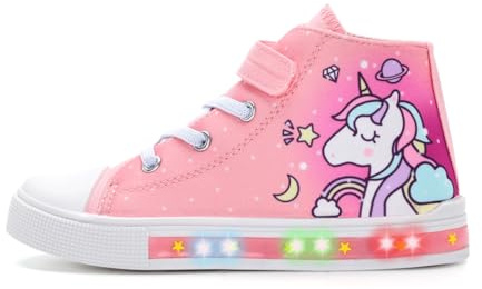 Kids Light Up Trainers, Girls Boys High Top Shoes Flashing Sneakers Toddler Easy On Canvas Shoes Unicorn Size 7 UK Child
