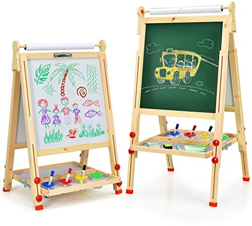 DREAMADE 3 in 1 doppelseitige Kinder Staffelei aus Holz, höhenverstellbare Kinderstaffelei Kindertafel mit Papierrolle Whiteboard und Kreidetafel, inkl. Alphabet Marker Kreide Radiergummi