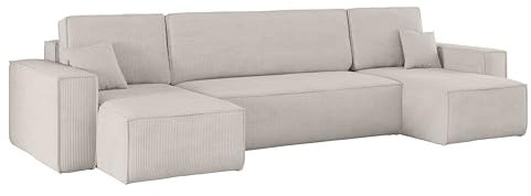 Kaiser Möbel, Ecksofa mit schlaffunktion, mit Bettkasten, Schlafsofa Best, Designer U-Form Sofa, Modern Design Couch, Polsterecke, Freistehend, Dicker Cord, Beige