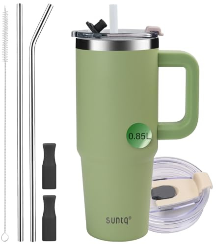 SUNTQ 850 ml/30 oz tumbler med handtag, dubbelväggig vakuumisolerad vattenflaska med sugrör och lock, resekaffemugg i rostfritt stål, termisk kopp för drycker, passar i mugghållare (moss)