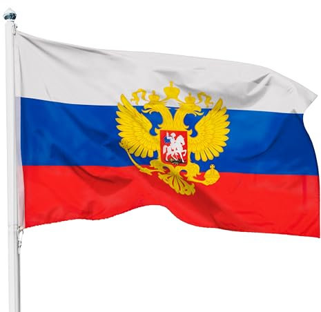 PHENO FLAGS Drapeau Russie avec aigle 90x150cm – russe imperial - résistant aux intempéries, avec œillets en laiton, 100% polyester, coutures doubles robustes et couleurs éclatantes